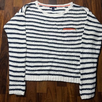 Tommy Hilfiger Navy White Nautical Stripe Knit Size L Red Zip Pocket