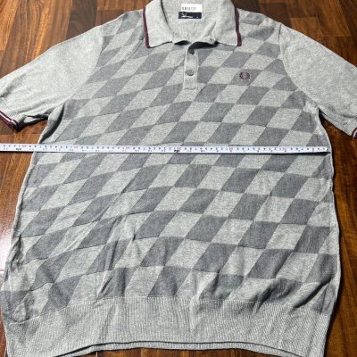 Vintage Fred Perry Diamond Jacquard Knit Polo Shirt Size XL Grey Laurel WreathVintage Fred Perry diamond jacquard knit polo.