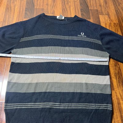 Vintage Fred Perry Striped Crewneck Knit Sweater Size M Navy Grey