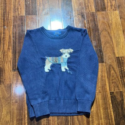 Polo Ralph Lauren Terrier Dog Crew Knit | Navy | Intarsia Dog Graphic | Kids Size 7 | 38cm P2P | 53cm Length