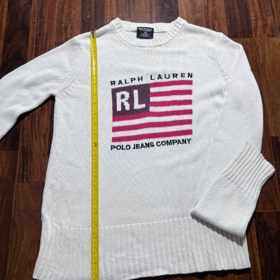 Polo Jeans Co Ralph Lauren Flag Crew Knit | White | RL Flag Intarsia | Size S | 49cm P2P | 62cm Length