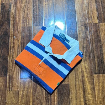 Polo Ralph Lauren Wide Stripe Rugby Shirt | Orange Navy White | Green Pony | Size L | 58cm P2P | 71cm Length