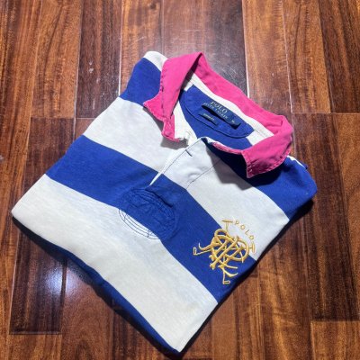 Polo Ralph Lauren Rugby Stripe L/S | Royal Blue White Pink | Gold Crest | Size L | 62cm P2P | 74cm Length