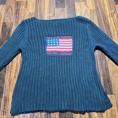 Polo Jeans Co USA Flag Ribbed Knit | Black | Size L | 46cm P2P | 58cm Length