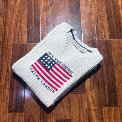 Polo Jeans Co USA Flag Ribbed Knit | Off White | Size L | 57cm P2P | 66cm Length